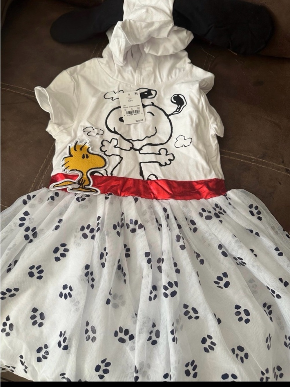 Girls White Snoopy & Woodstock Dress with Red Waistband